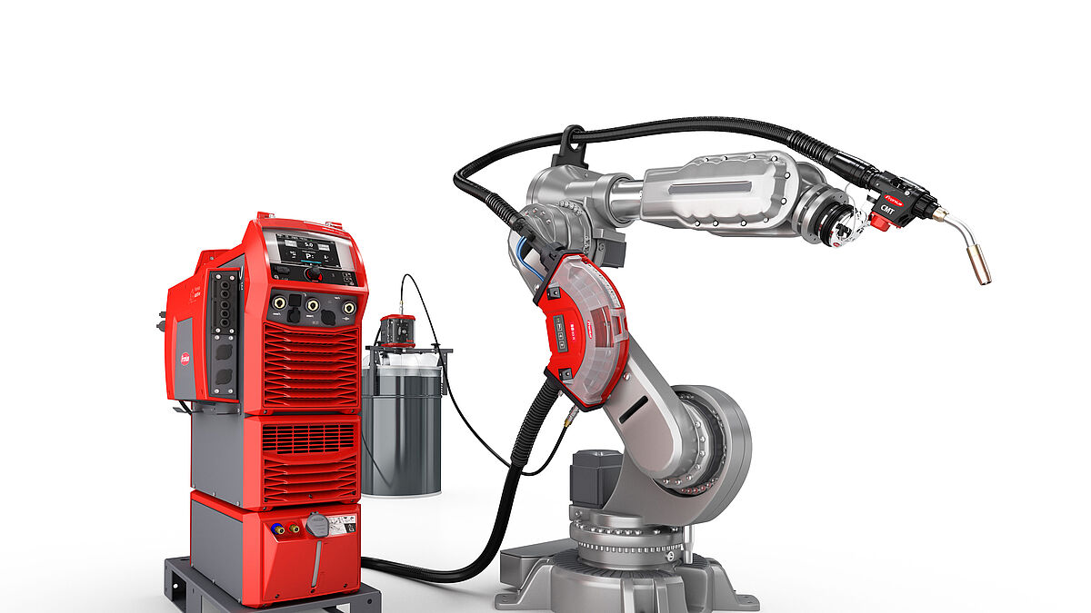 Das perfekt aufeinander abgestimmte Equipment zur additiven Fertigung aus dem Hause Fronius besteht aus folgenden Komponenten: iWave AC/DC 300i-500i, OPT/i Multiprozess PRO, Welding Package CMT und dem passenden Roboter-Interface.