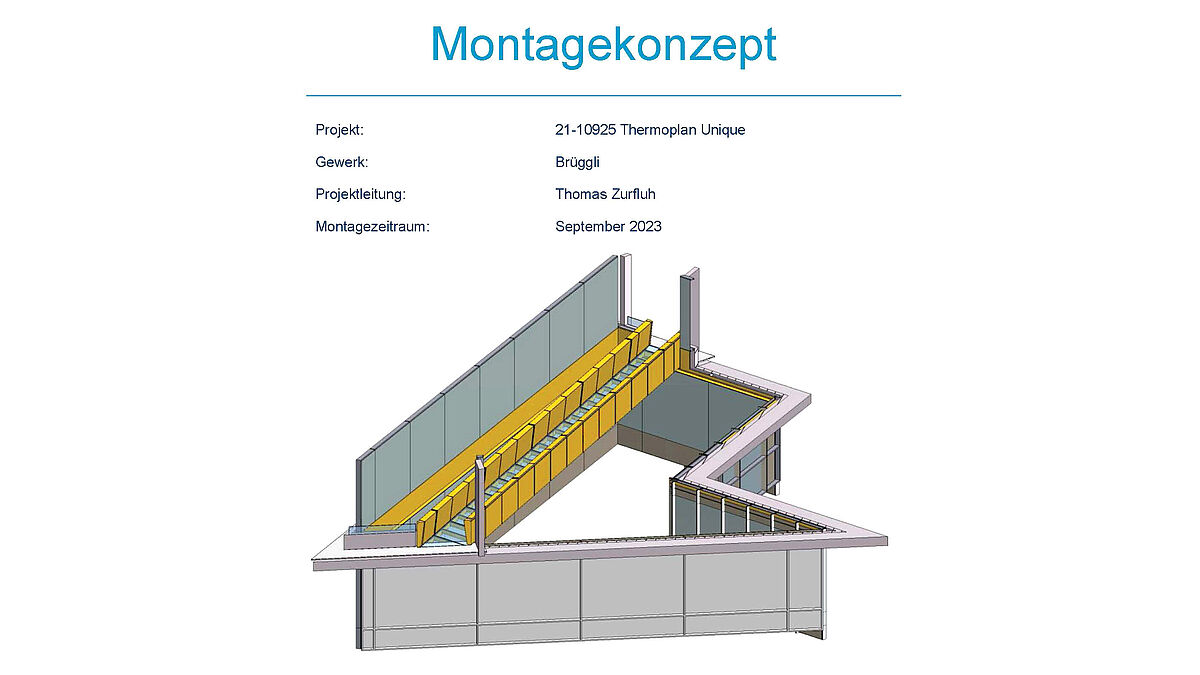 Das detaillierte Montagekonzept (Brücke gelb markiert) dient als strikt einzuhaltende Wegleitung bei der Montage. Darin sind auch sämtliche wichtigen sicherheitstechnischen Vorgaben aufgeführt.