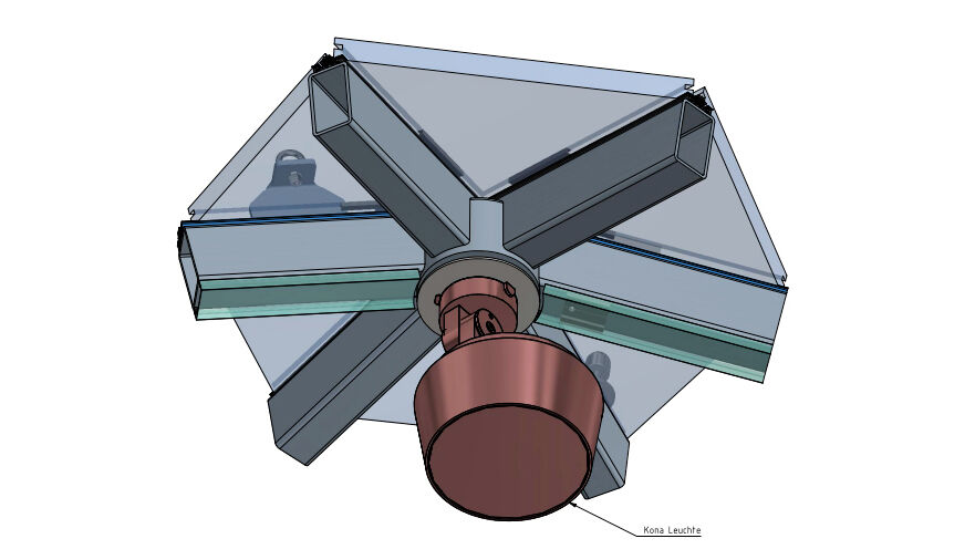 Visualisation : les profilés en acier fixés aux cylindres sont découpés au-dessus (surface d’appui des verres) de sorte que les surfaces d’appui des vitrages se réunissent en pointes sur les points centraux des cylindres et puissent être soudés. Les caoutchoucs d’appui des vitres ont pu ainsi être amenés sans autre traitement jusqu’au centre du nœud puis collés ensemble.