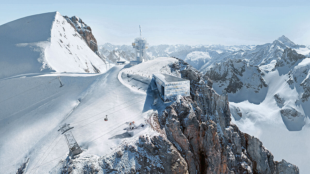 Visualisierung: Geplant ist, die Bergstation zu erneuern und den Richtstrahlturm touristisch zu aktivieren. Das umfasst den Neubau der Bergstation und den Ausbau des Richtstrahlturms.