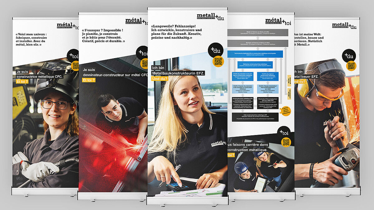 Les roll-ups récemment remaniés séduisent par des images dynamiques de véritables professionnels. Grâce aux codes QR, les personnes intéressées accèdent directement aux informations pertinentes sur le site web  metal-et-toi.ch